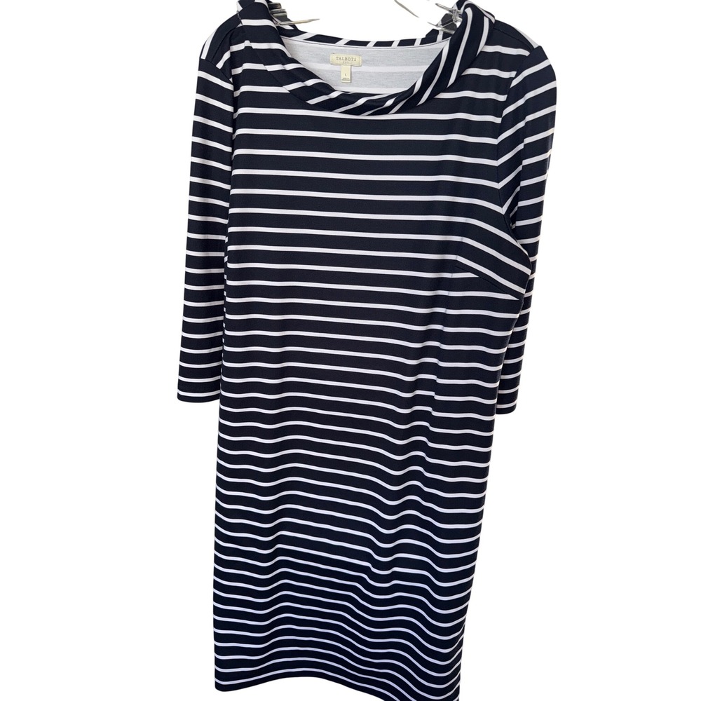 Talbots NWT Classic  Navy Blue Sheath Dress Zip Shoulders 3/4 Striped Cuff Large